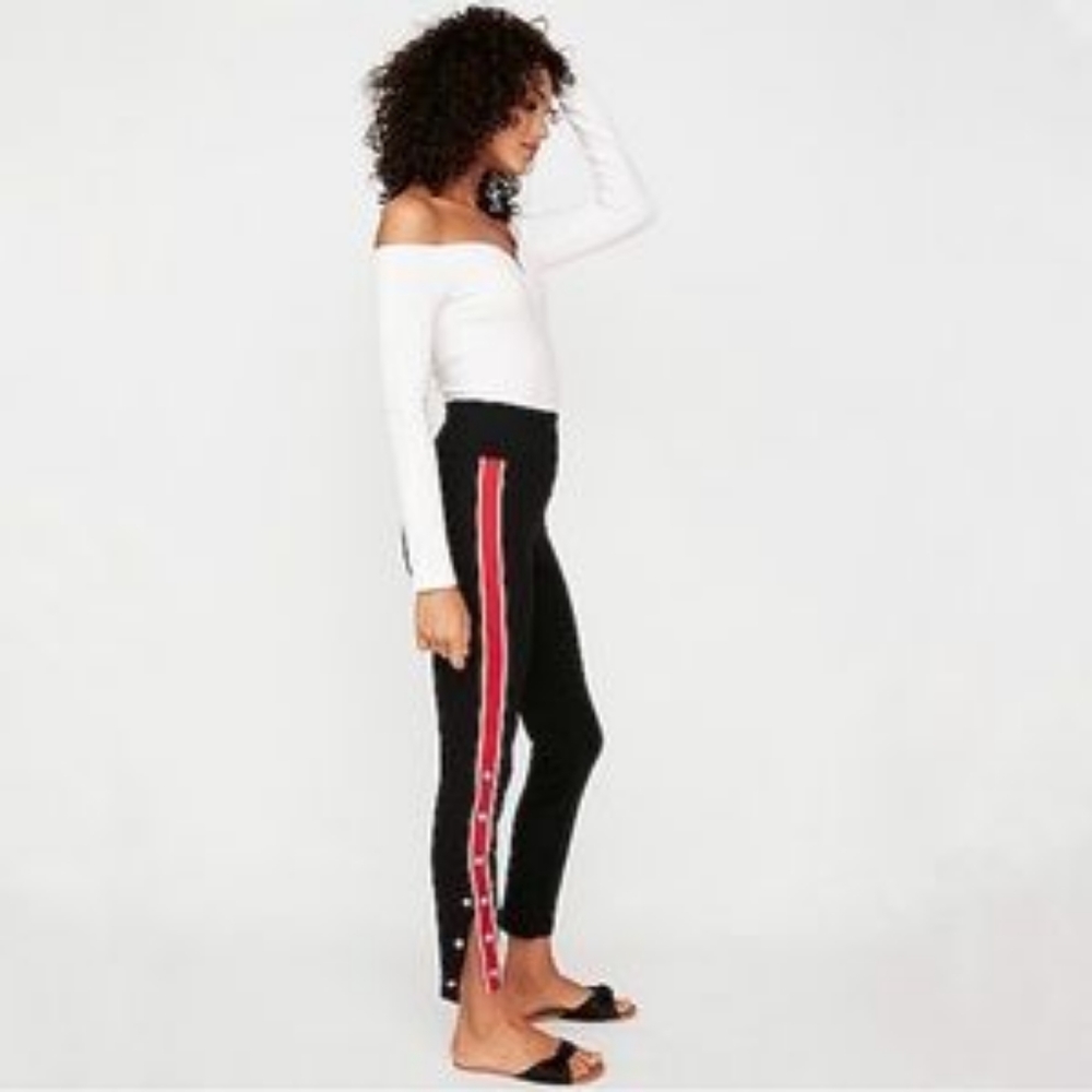 Express High-Waisted Black with Red and White Striped Leggings, Size Small